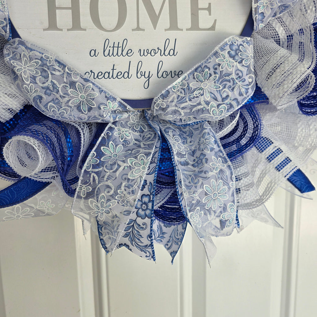 Home A Little World Created By Love Blue White Wreath - sign and laser cut topper close up