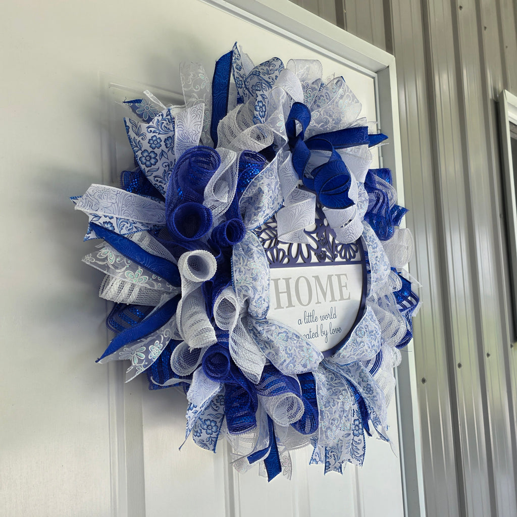 Home A Little World Created By Love Blue White Wreath - ribbon and mesh detail close up