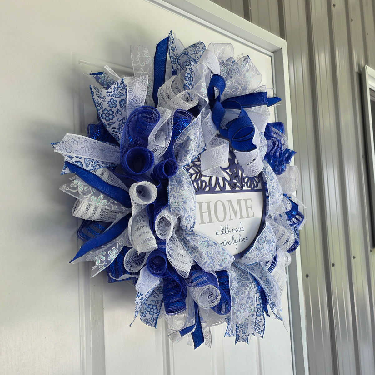 Home A Little World Created By Love Blue White Wreath - ribbon and mesh detail close up