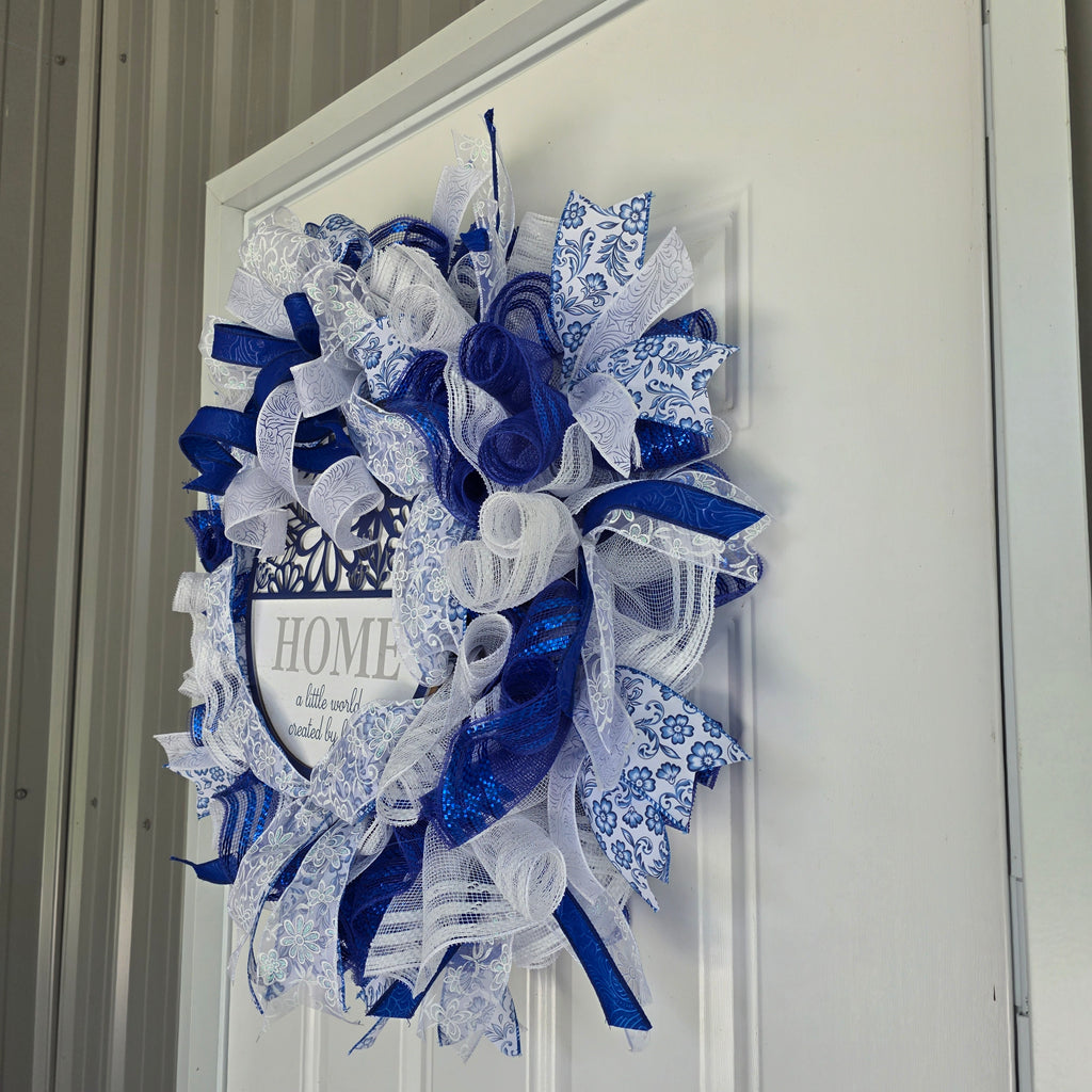 Home A Little World Created By Love Blue White Wreath - lace bow close up detail
