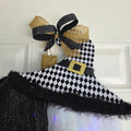 Harlequin Witch Hat LED Pumpkin Wreath - full front view on white door