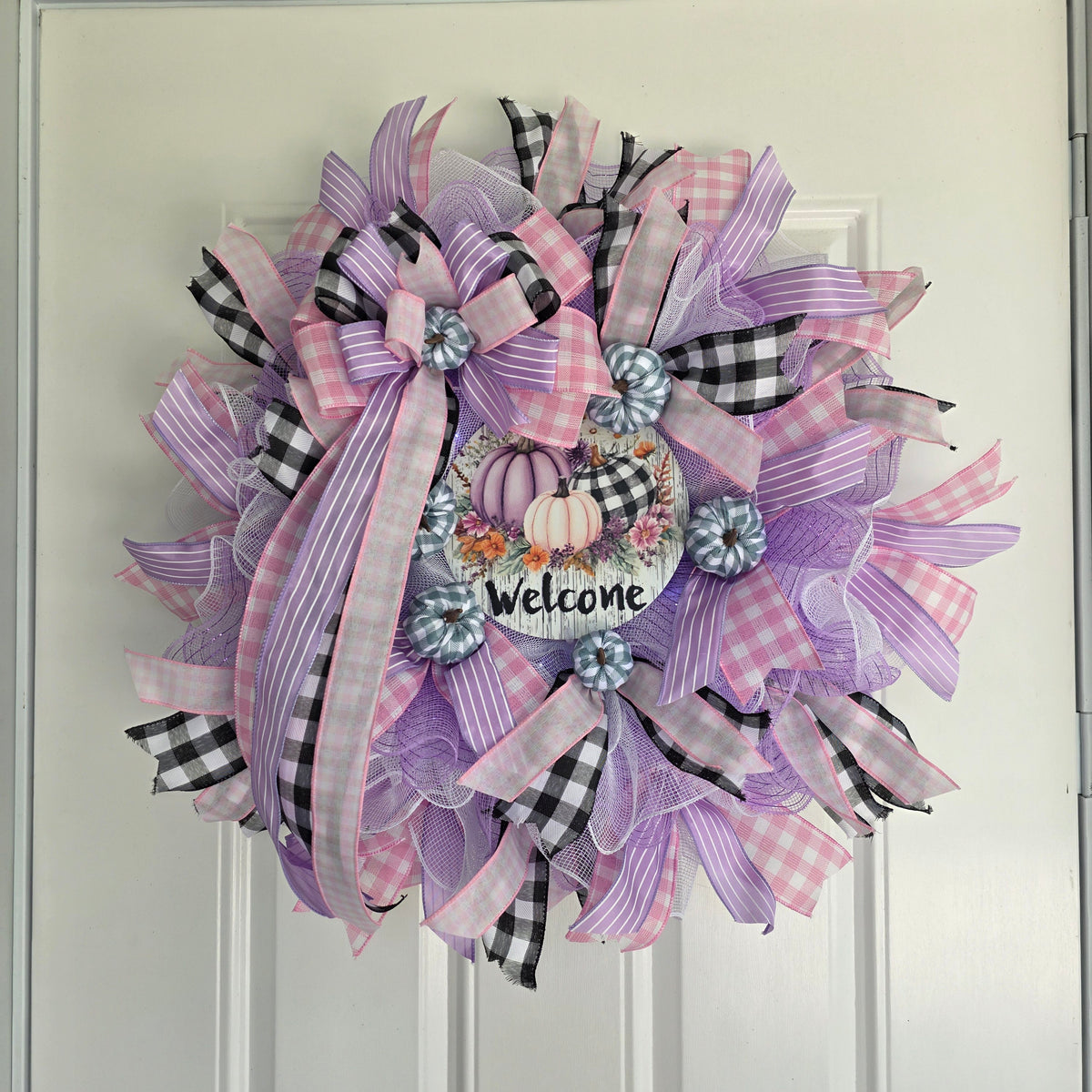 Purple Pumpkin Welcome Fall Wreath - full view on white door natural light