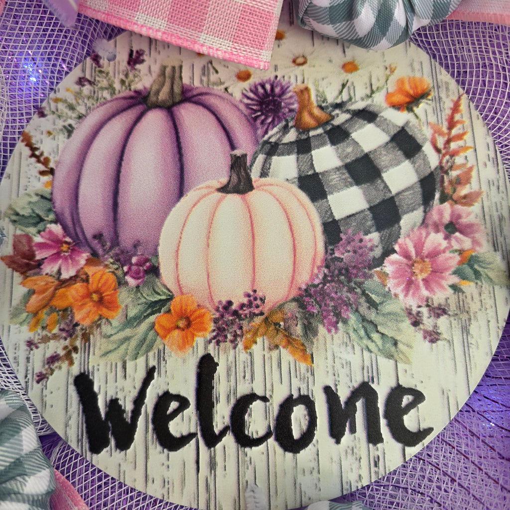 Purple Pumpkin Welcome Fall Wreath - ribbon layer detail close up