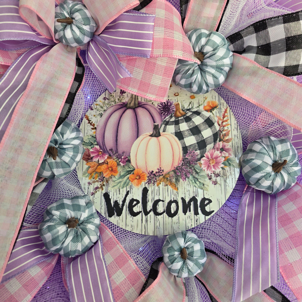Purple Pumpkin Welcome Fall Wreath - mini buffalo check pumpkin detail