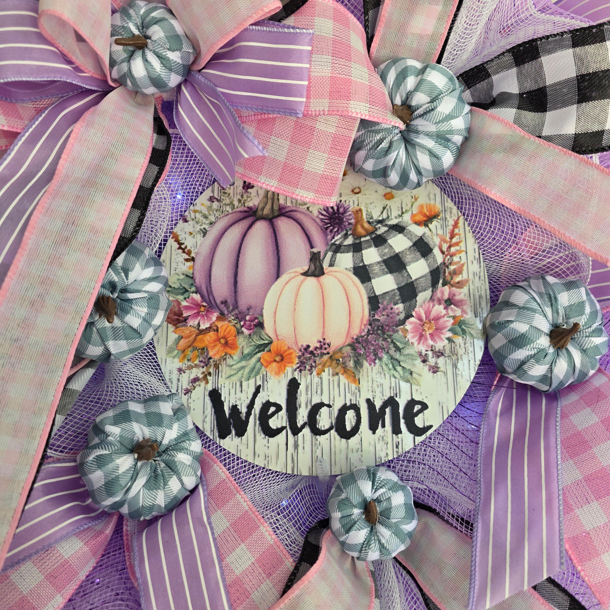 Purple Pumpkin Welcome Fall Wreath - mini buffalo check pumpkin detail