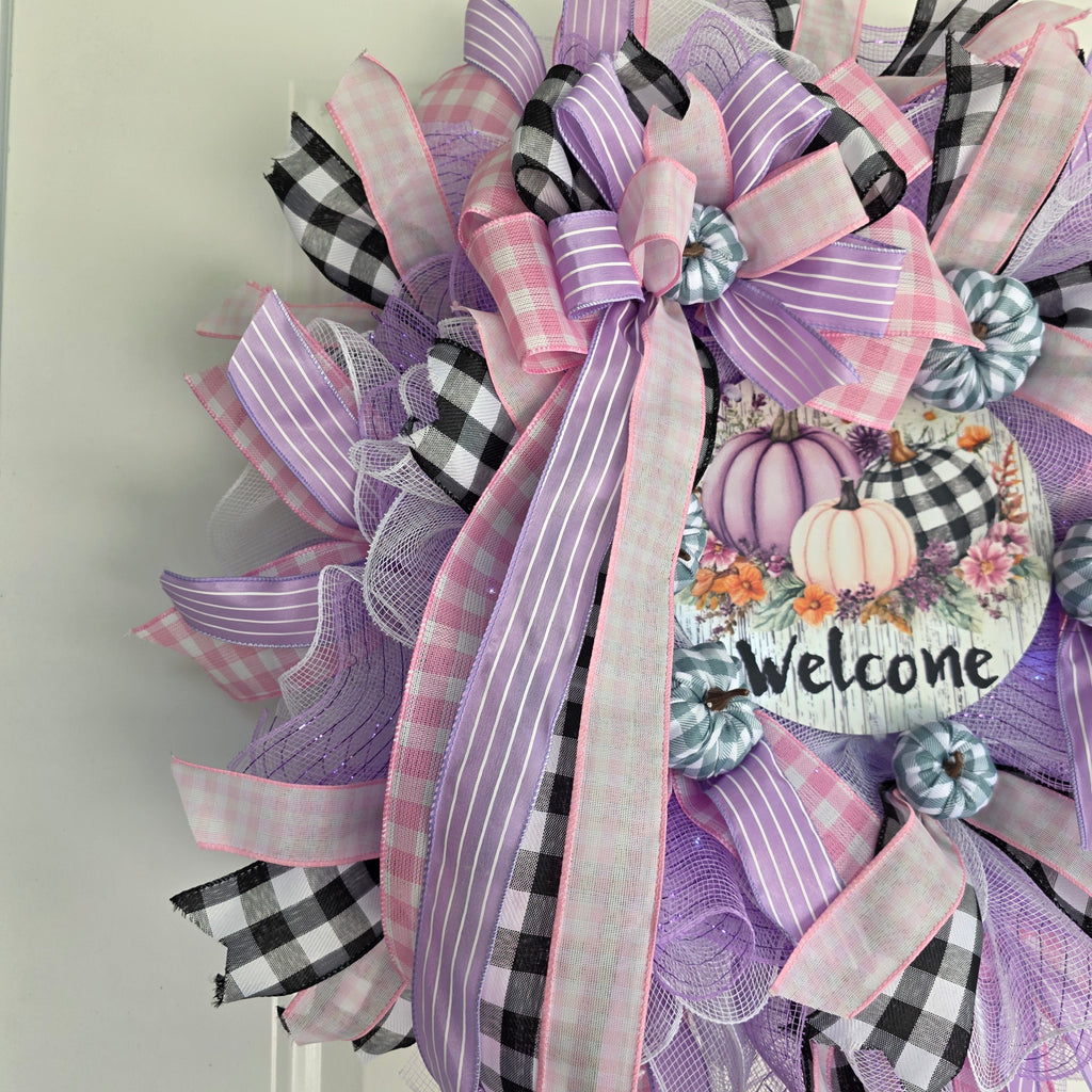 Purple Pumpkin Welcome Fall Wreath - pumpkin sign macro detail