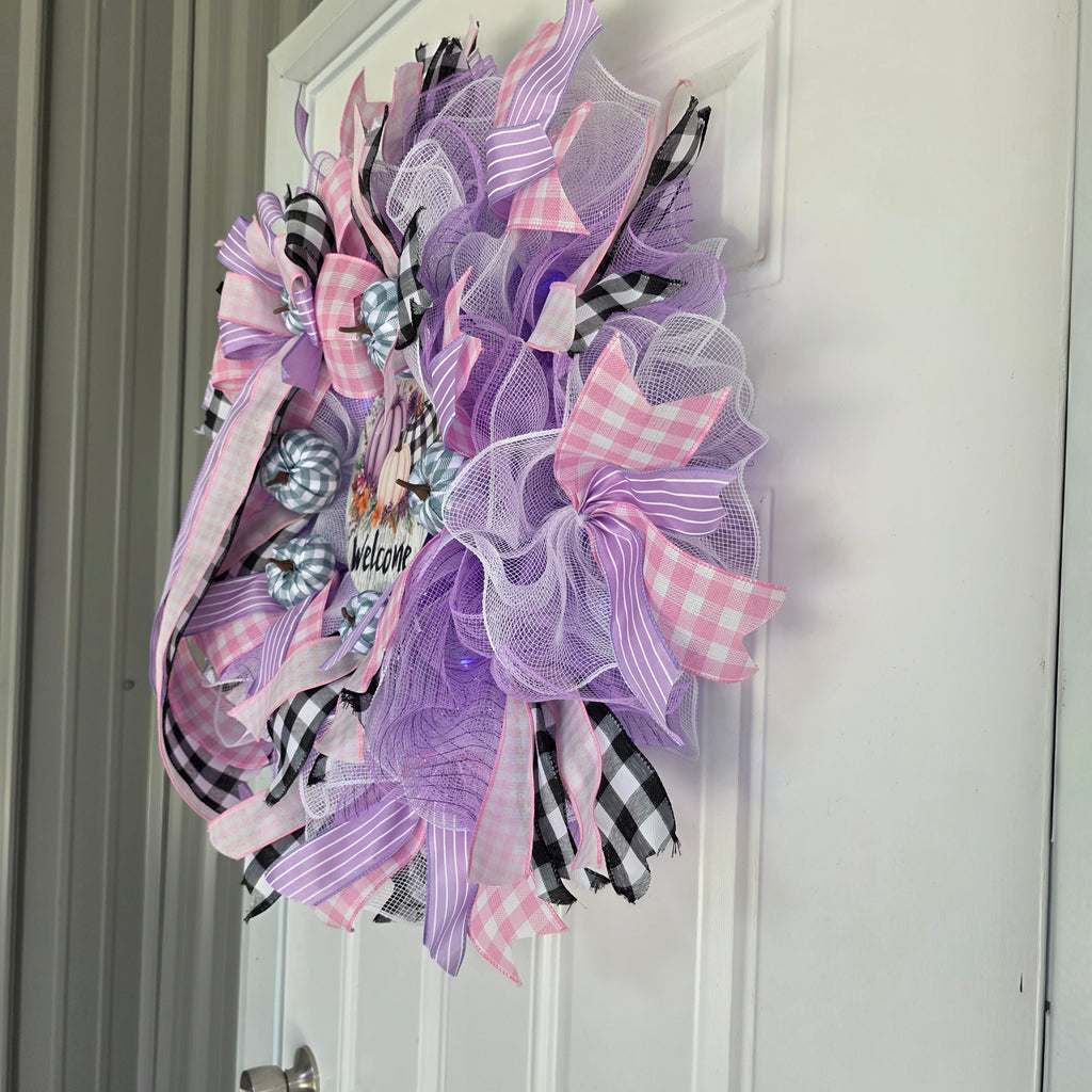 Purple Pumpkin Welcome Fall Wreath - full front view on white door