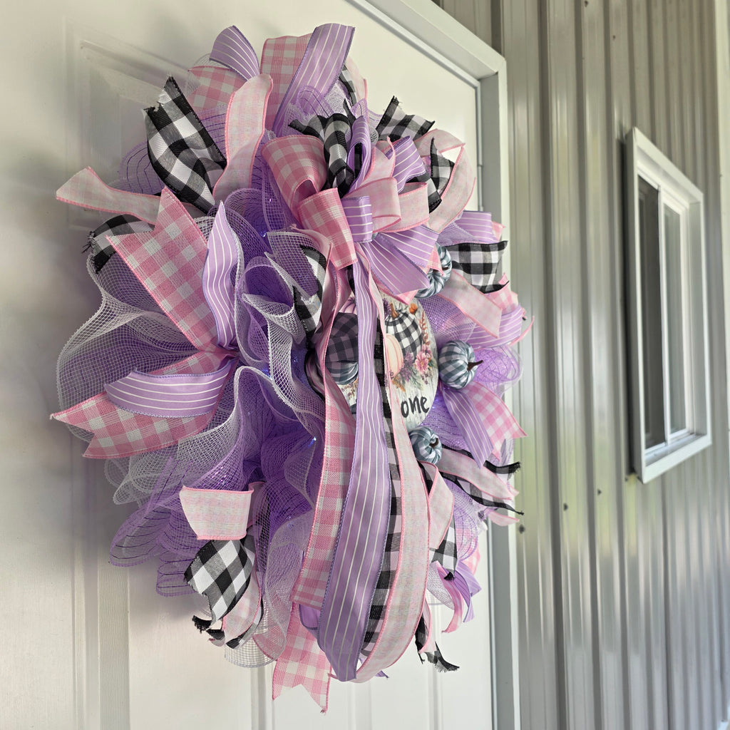 Purple Pumpkin Welcome Fall Wreath - Welcome pumpkin sign close up