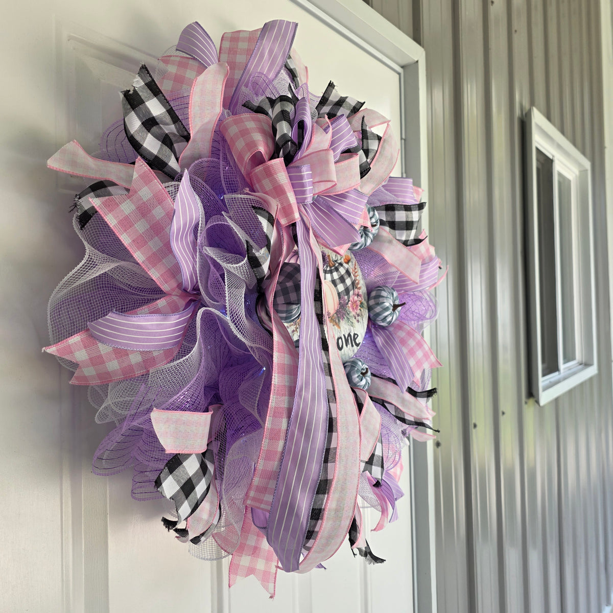 Purple Pumpkin Welcome Fall Wreath - Welcome pumpkin sign close up
