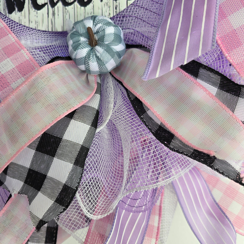 Purple Pumpkin Welcome Fall Wreath - bow and ribbon detail close up