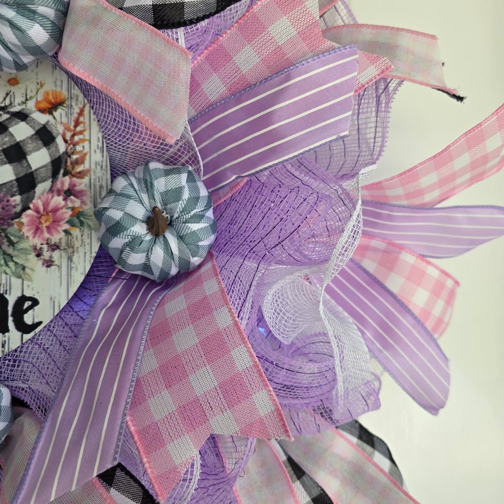 Purple Pumpkin Welcome Fall Wreath - full front straight on white door