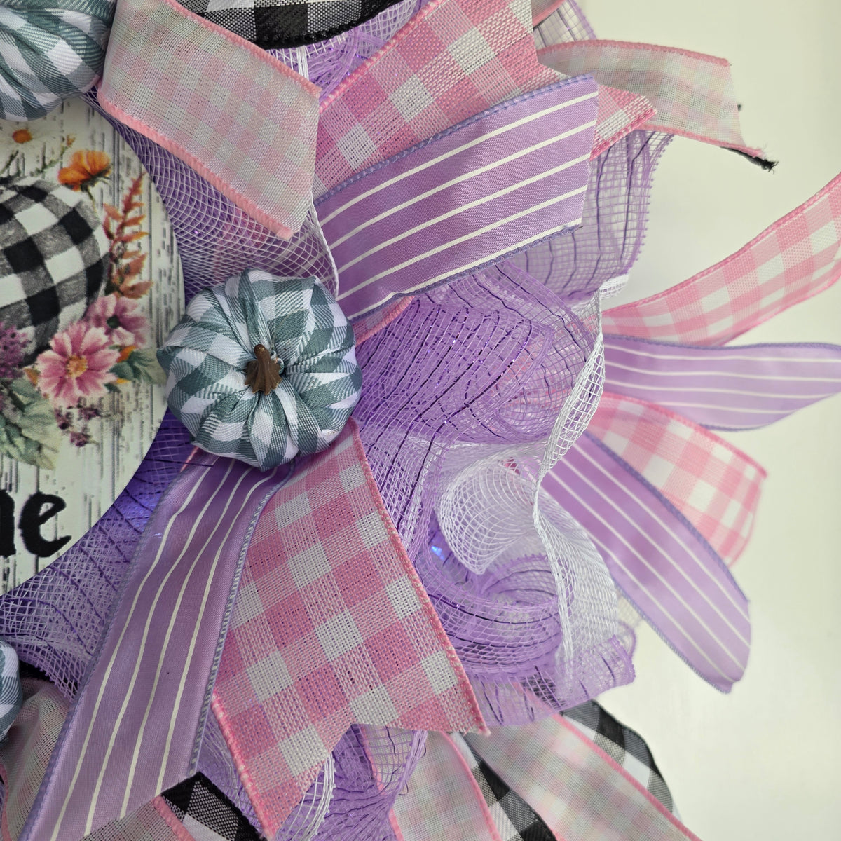 Purple Pumpkin Welcome Fall Wreath - full front straight on white door