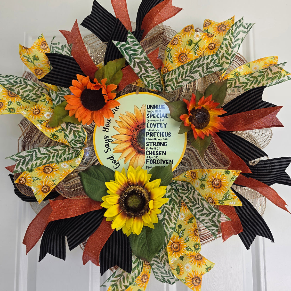 God Says You Are Sunflower Wreath - ribbon and mesh detail