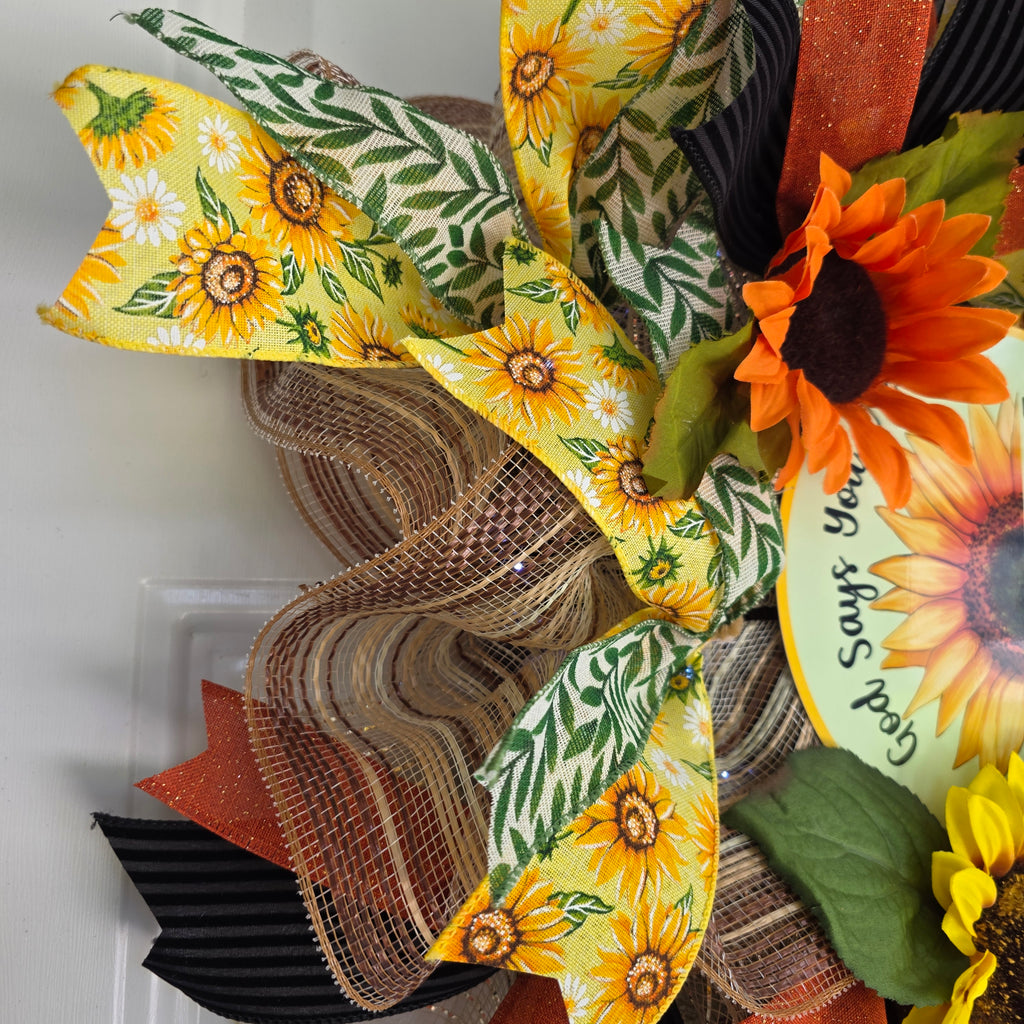God Says You Are Sunflower Wreath - burnt orange sunflower close up