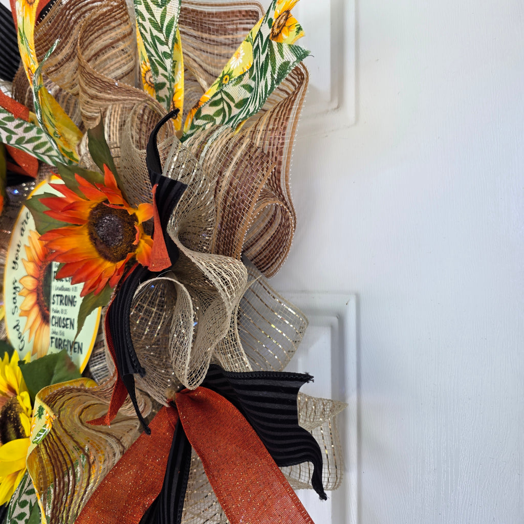 God Says You Are Sunflower Wreath - full view straight on white door