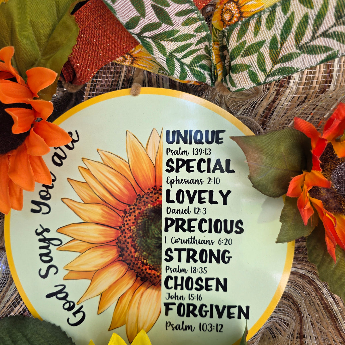 God Says You Are Sunflower Wreath - side angle view on white door