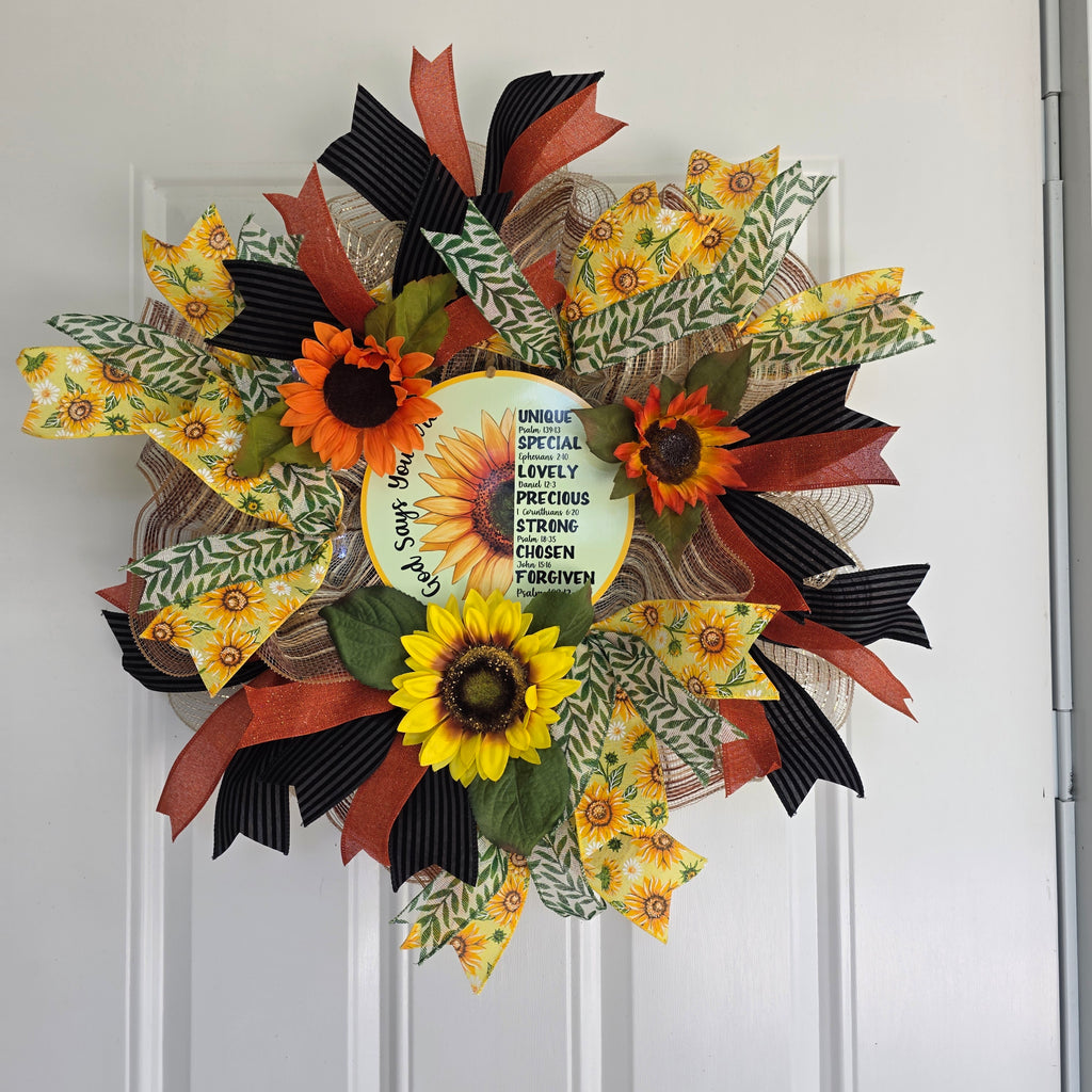 God Says You Are Sunflower Wreath - full front view on white door
