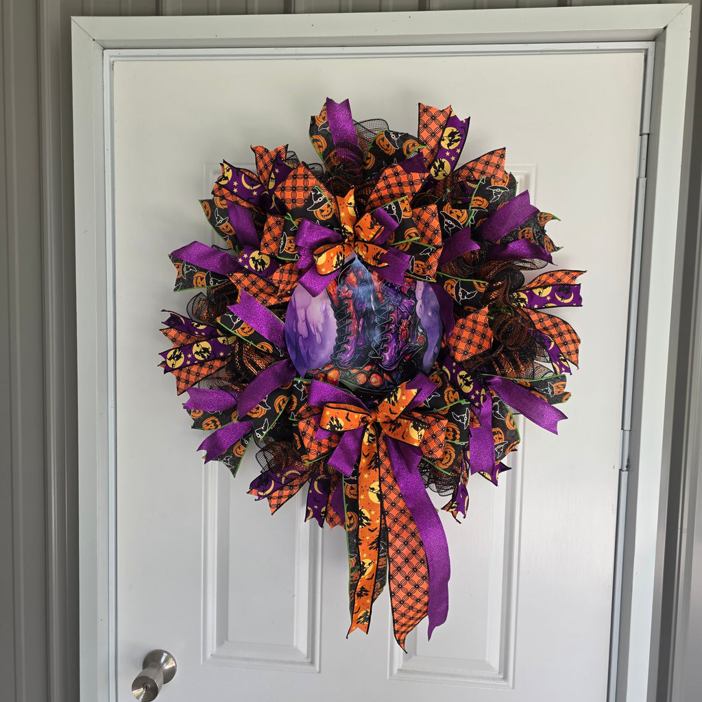 Witch's Boots Halloween Wreath - full view on barn door
