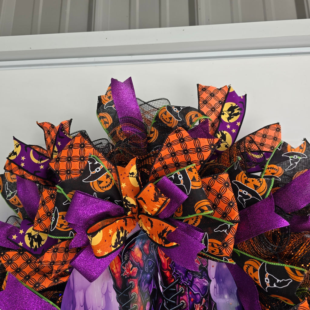 Witch's Boots Halloween Wreath - full front view on white door