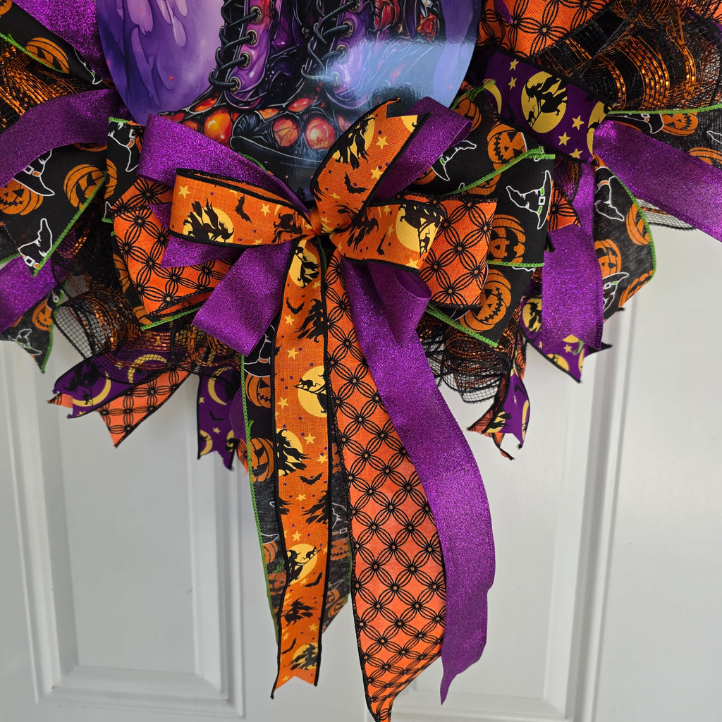 Witch's Boots Halloween Wreath - witch boots sign close up