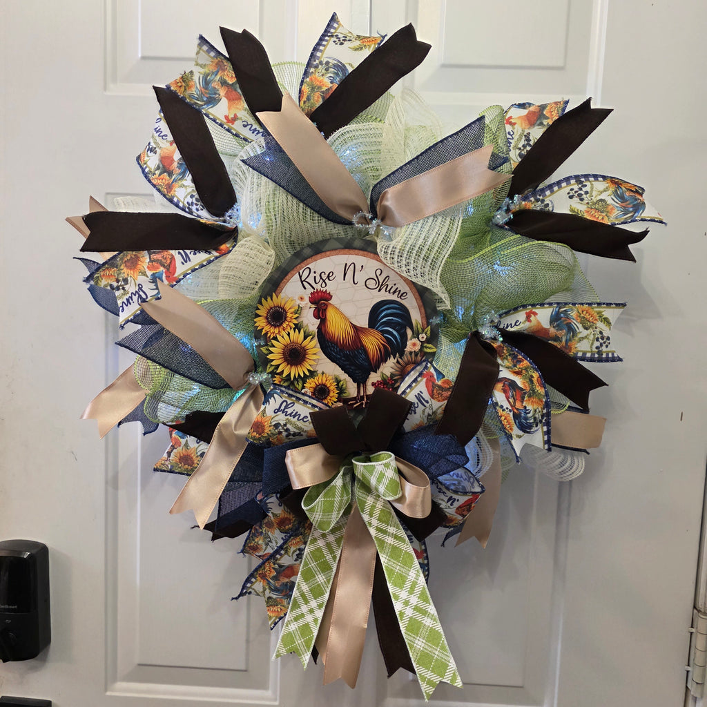 Rise N' Shine Rooster Sunflower Farmhouse Wreath - top view
