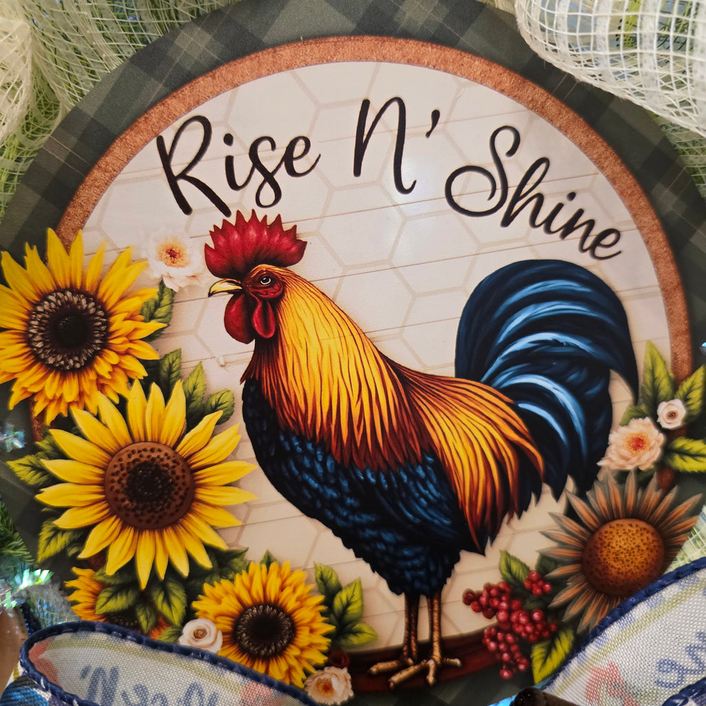 Rise N' Shine Rooster Sunflower Farmhouse Wreath - side detail