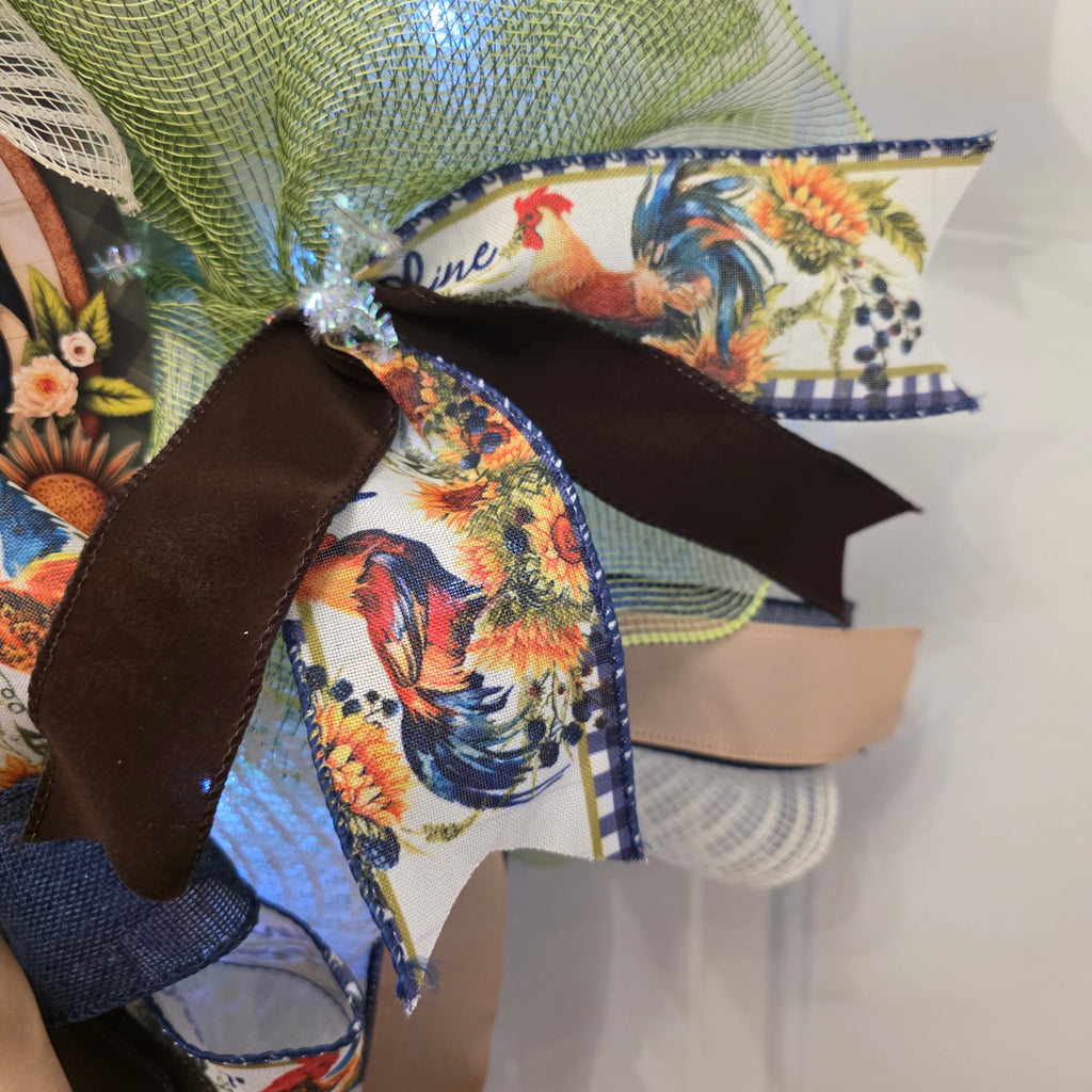 Rise N' Shine Rooster Sunflower Farmhouse Wreath - ribbon layer detail