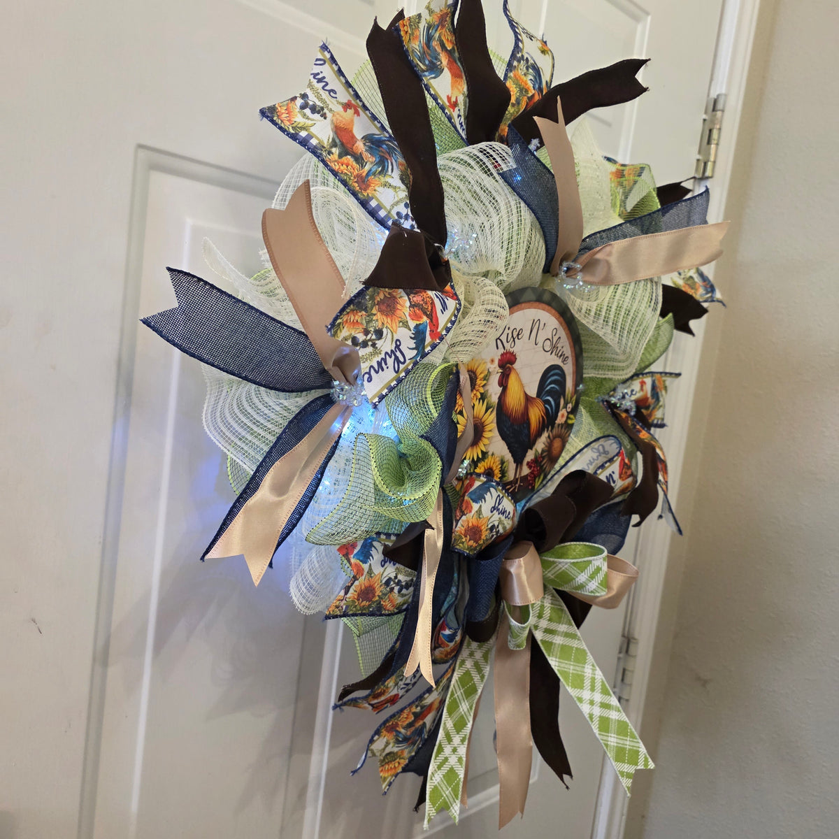 Rise N' Shine Rooster Sunflower Farmhouse Wreath - full front view on door