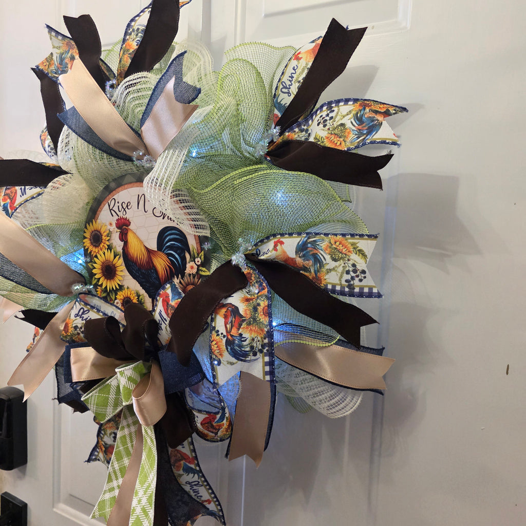 Rise N' Shine Rooster Sunflower Farmhouse Wreath - sign close up
