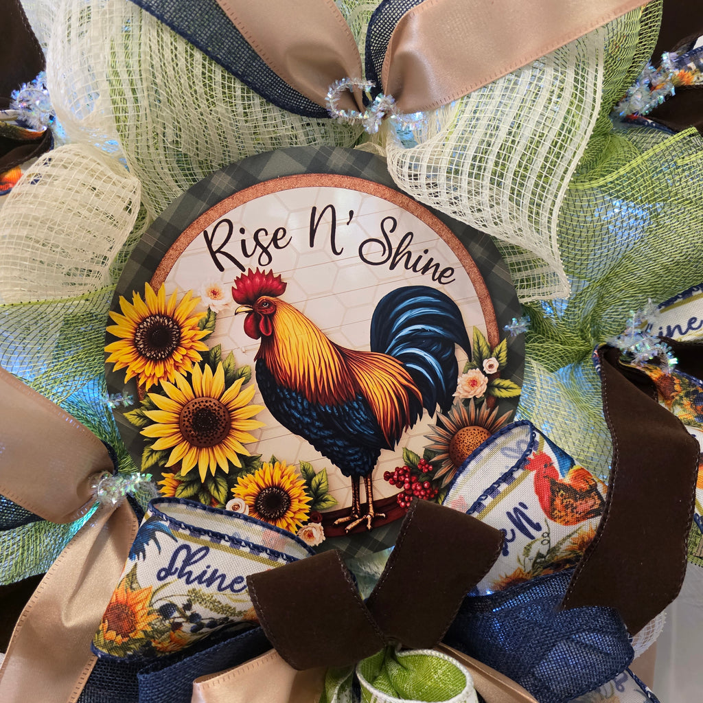 Rise N' Shine Rooster Sunflower Farmhouse Wreath - rooster ribbon close up