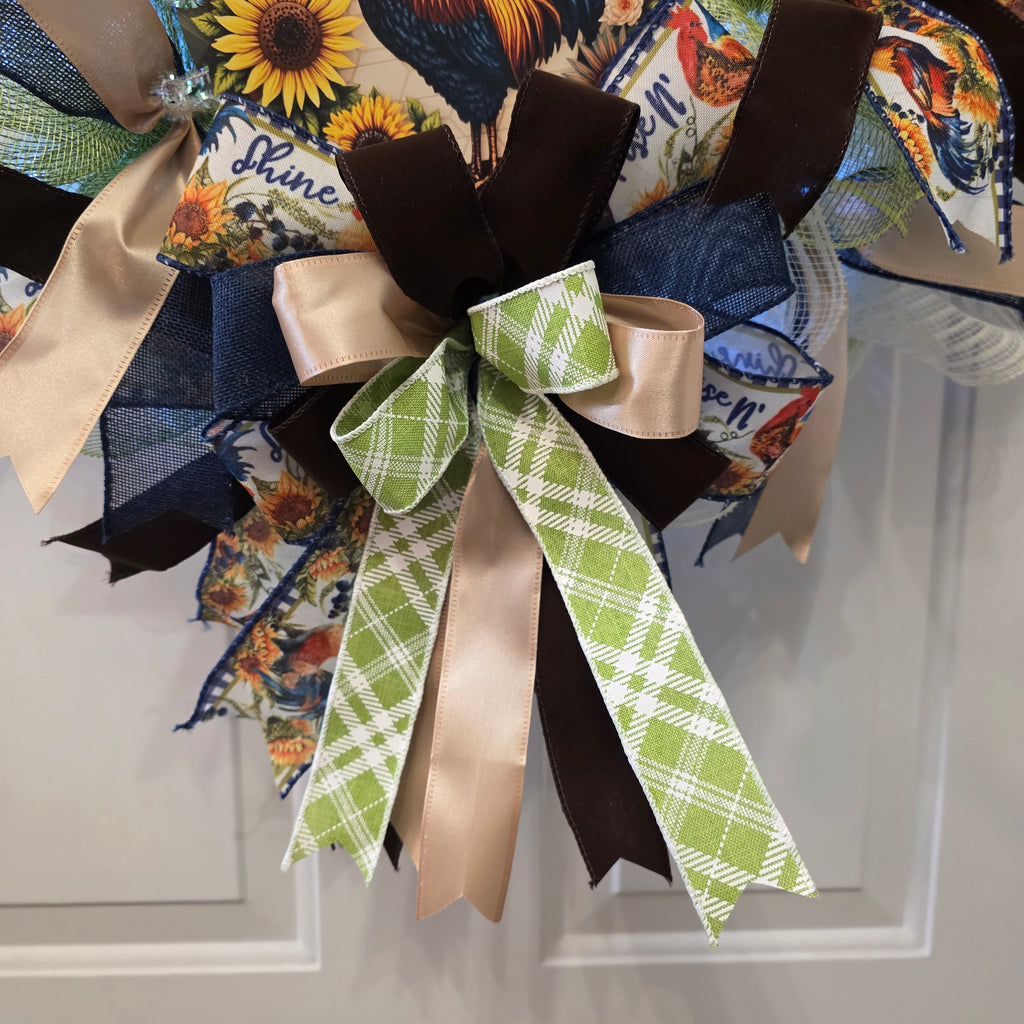 Rise N' Shine Rooster Sunflower Farmhouse Wreath - ribbon bow detail