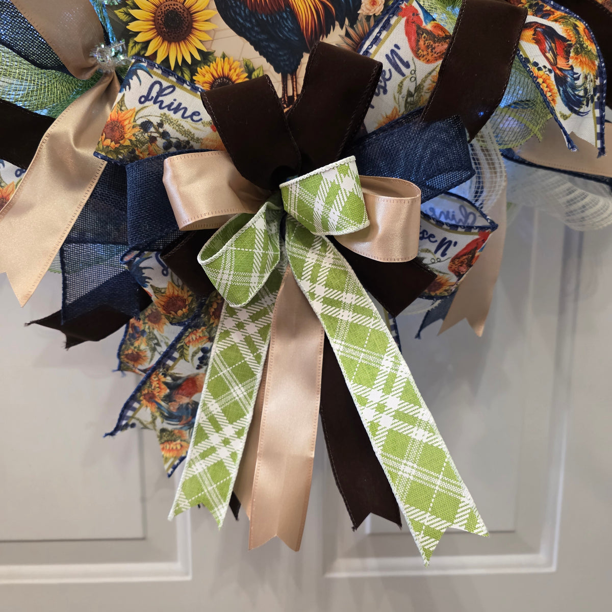 Rise N' Shine Rooster Sunflower Farmhouse Wreath - ribbon bow detail