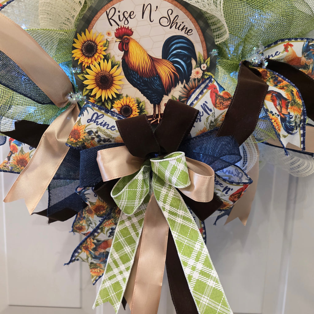 Rise N' Shine Rooster Sunflower Farmhouse Wreath - side angle view on door