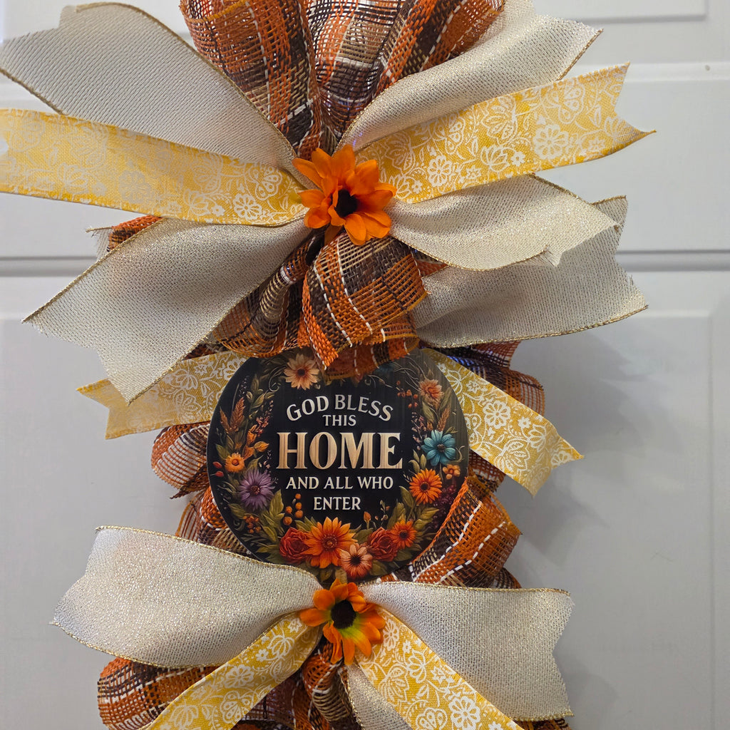 God Bless This Home Fall Sunflower Door Swag - sunflower accent