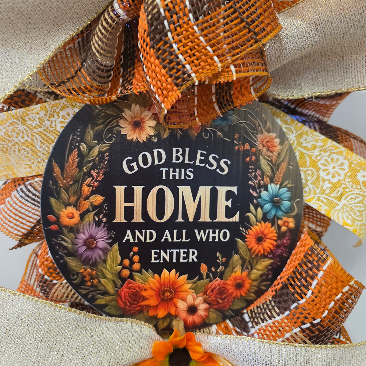 God Bless This Home Fall Sunflower Door Swag - middle section detail