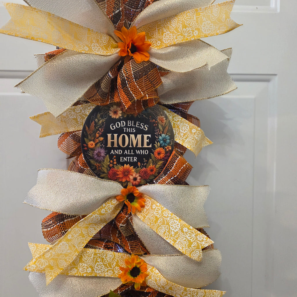 God Bless This Home Fall Sunflower Door Swag - top bow detail