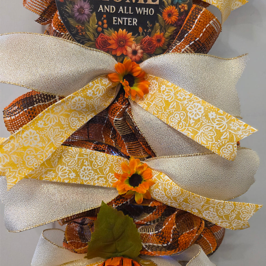 God Bless This Home Fall Sunflower Door Swag - ribbon and mesh detail