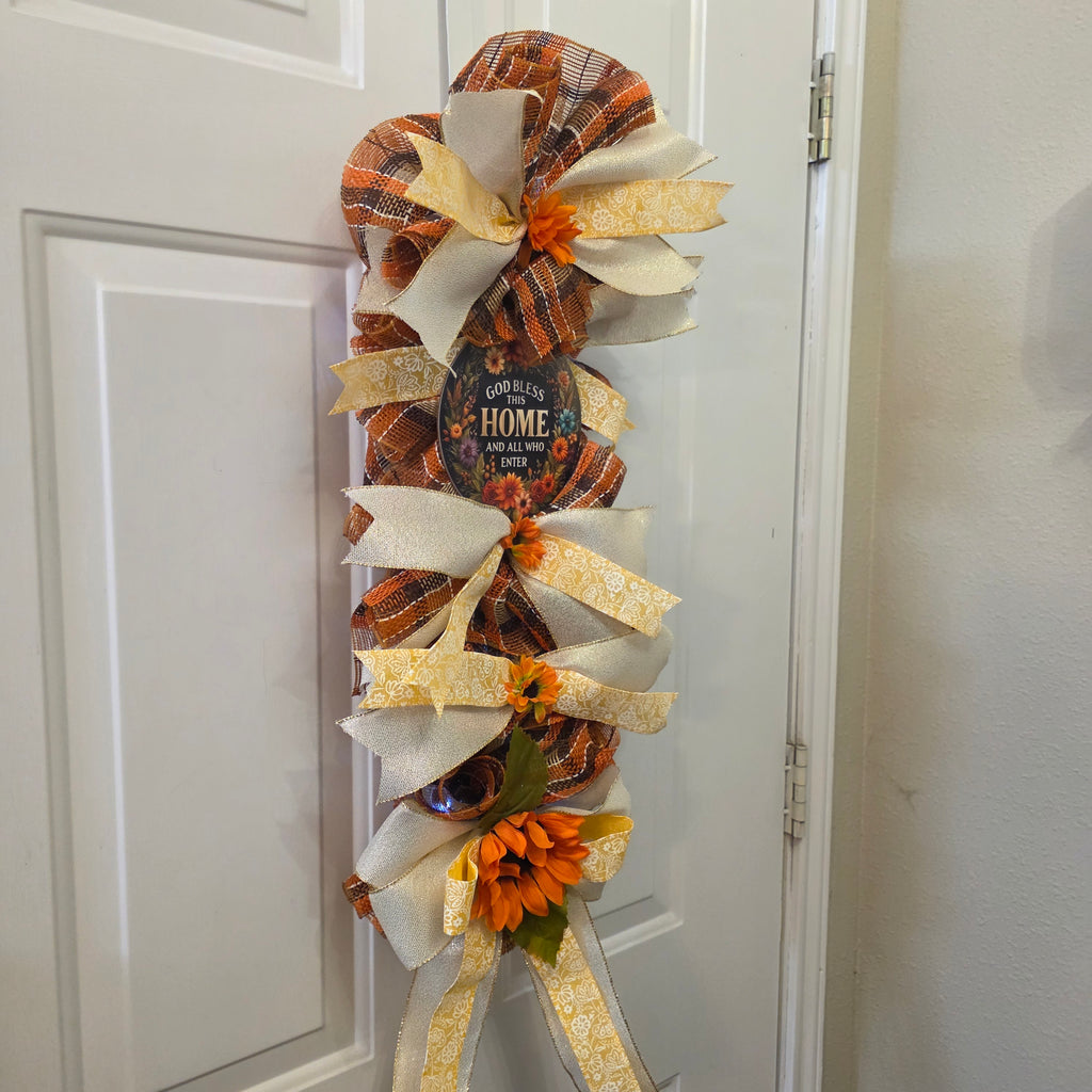 God Bless This Home Fall Sunflower Door Swag - sign close up