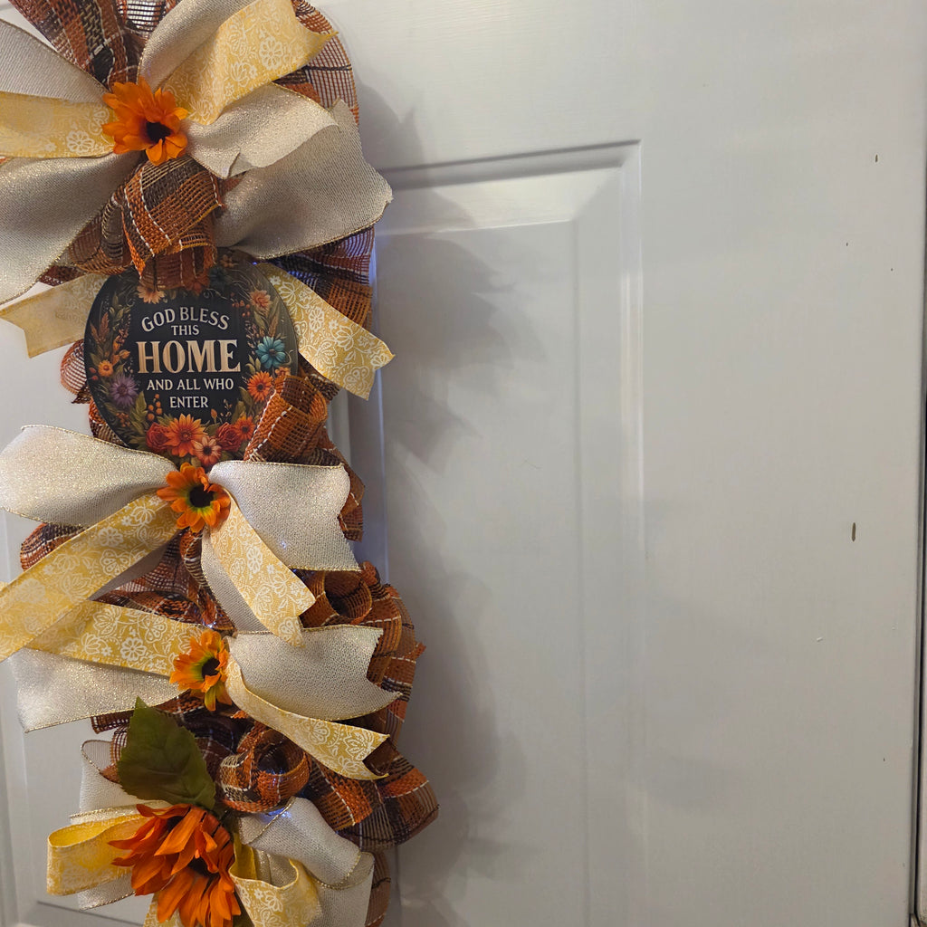 God Bless This Home Fall Sunflower Door Swag - full view on door