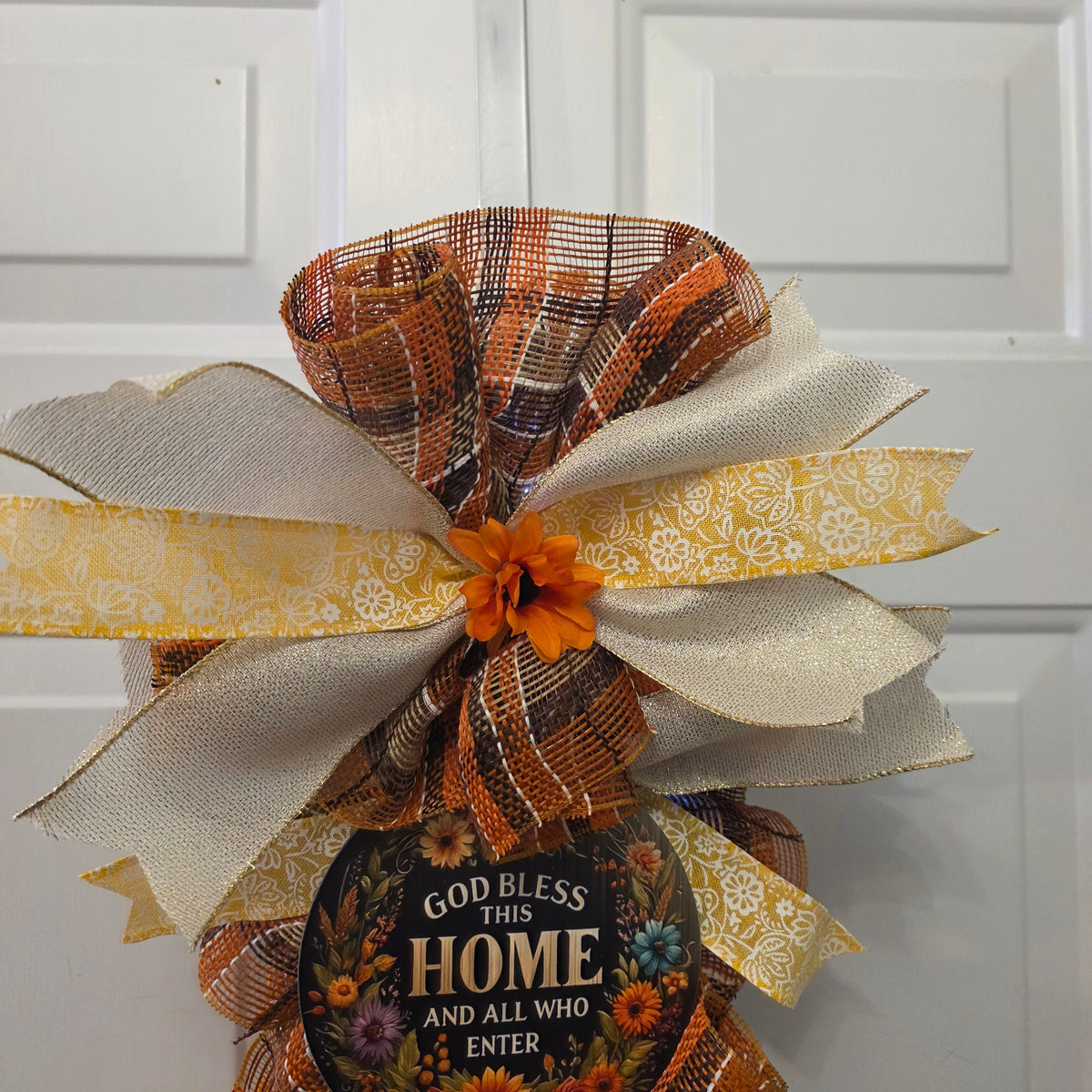 God Bless This Home Fall Sunflower Door Swag - sign detail close up