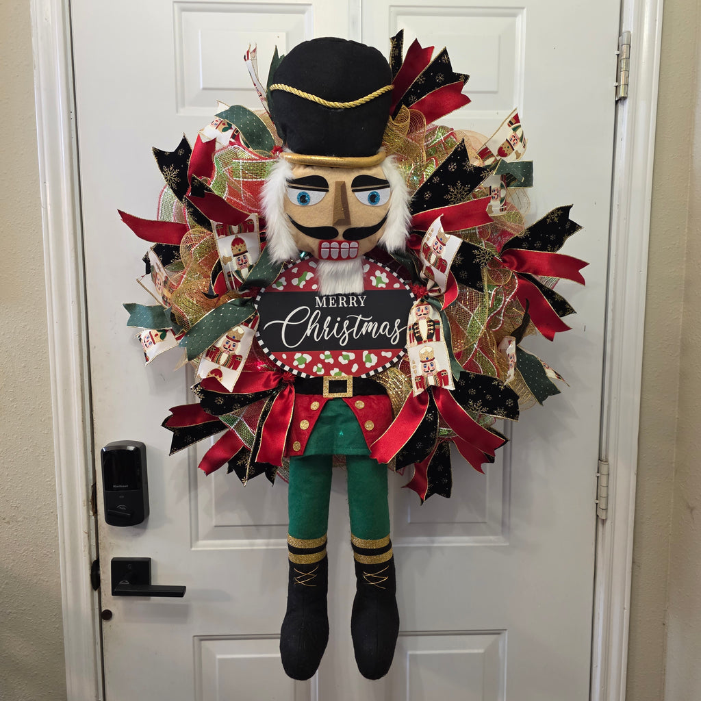 Nutcracker Christmas Wreath with Fairy Lights – Merry Christmas Deco Mesh Door Décor