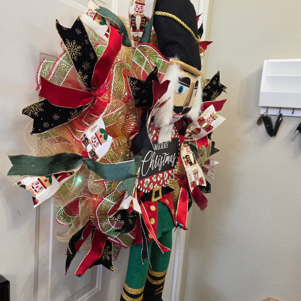 Nutcracker legs and boots detail on Christmas wreath