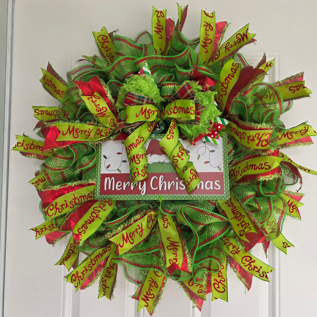 Red and Lime Green Christmas Mesh Wreath
