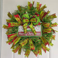 Red and Lime Green Christmas Mesh Wreath