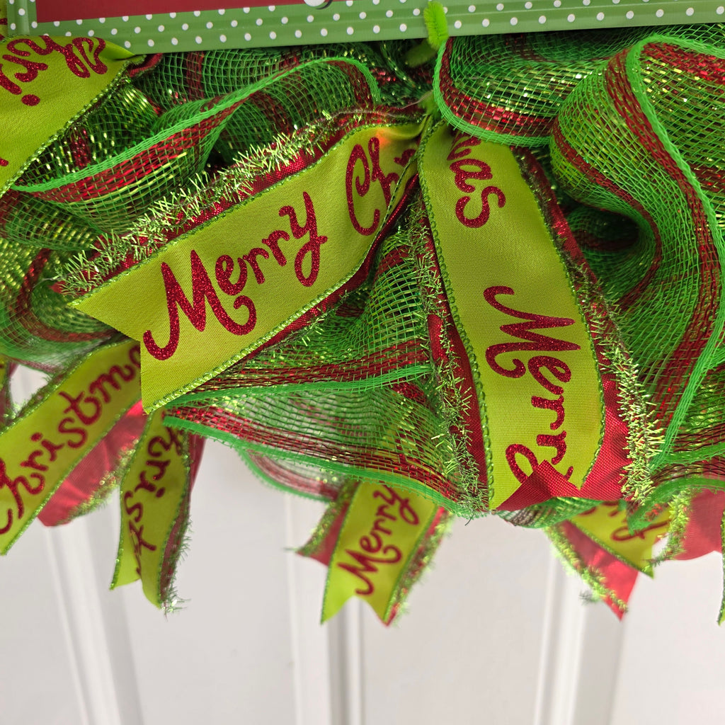 Red and Lime Green Christmas Mesh Wreath