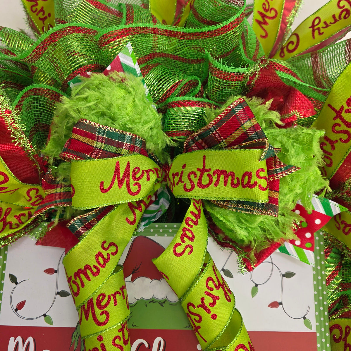 Red and Lime Green Christmas Mesh Wreath