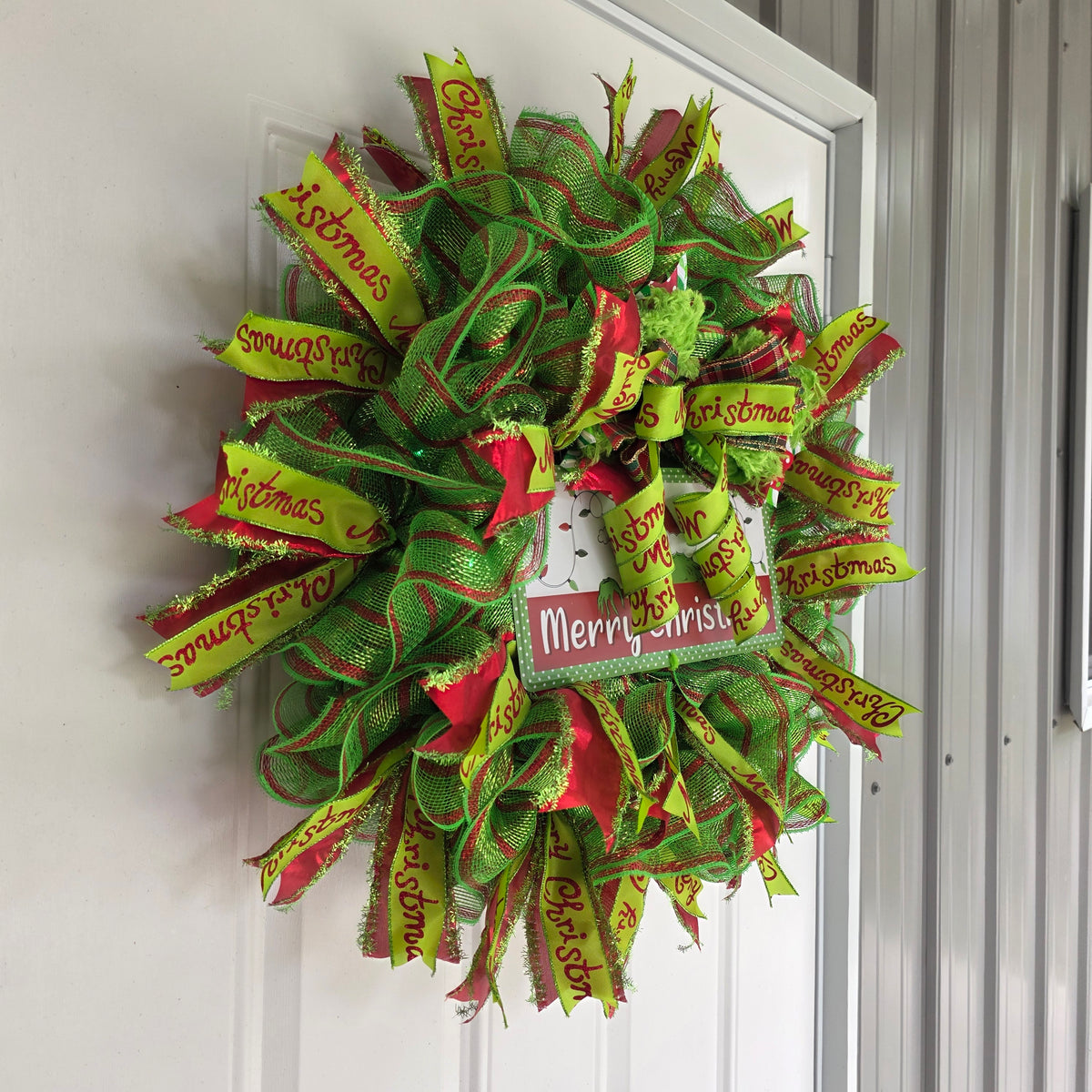Red and Lime Green Christmas Mesh Wreath