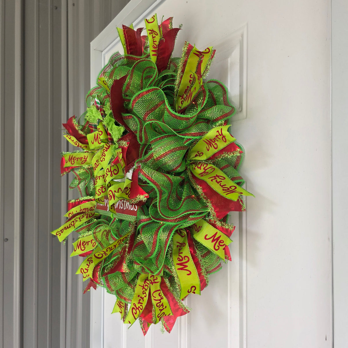 Red and Lime Green Christmas Mesh Wreath