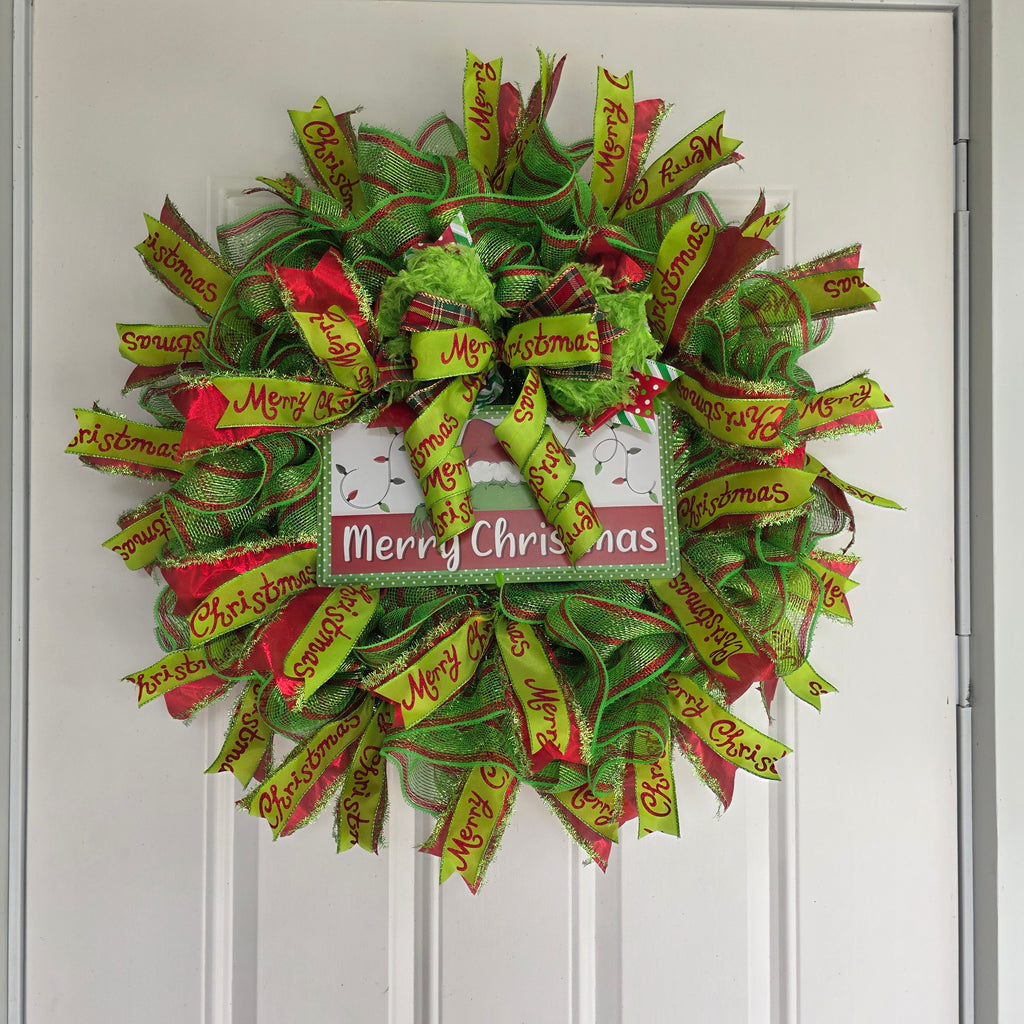 Red and Lime Green Christmas Mesh Wreath
