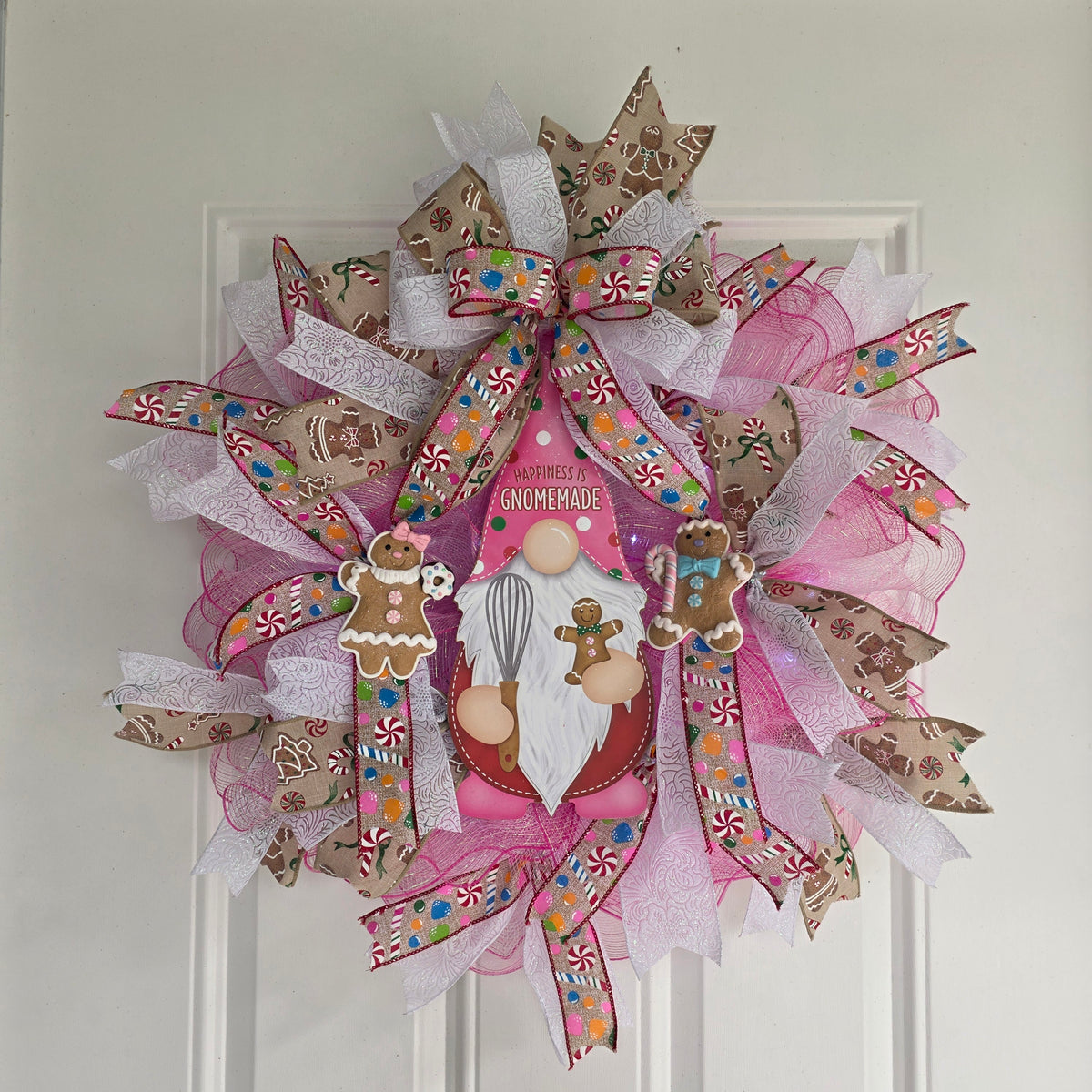 Pink Gingerbread Gnome Christmas Wreath